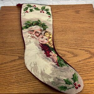Vintage Santa w/child Needlepoint Christmas Stocking Holly